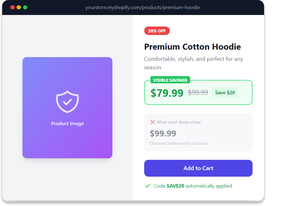 Shopify product page showing strike-through pricing to push sales with visible discount