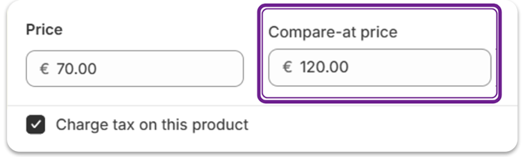 Shopify admin pricing fields showing Price and Compare at Price fields explained