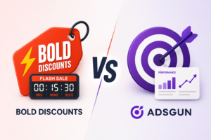 Adsgun vs Bold Discounts Shopify app comparison hero - Bold Discounts represented with flash sale countdown timer at 15 minutes 30 seconds versus Adsgun represented with target accuracy icon and rising analytics performance chart