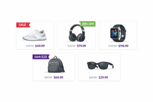 Collection page product cards with various sale badge styles