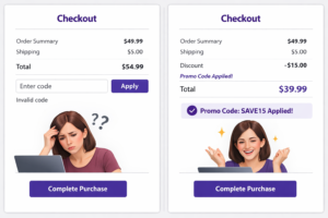 Auto-apply discount codes in Shopify: manual entry with error vs. SAVE15 promo code applied automatically at checkout