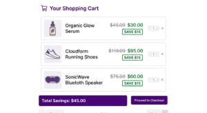Shopify cart showing discounted prices with strike-through pricing and per-item savings badges using Adsgun