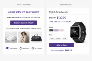 Promotional email and product page offering 20% off with code SAVE20; shows a smartwatch discounted from $150 to $120 with an add-to-cart button.