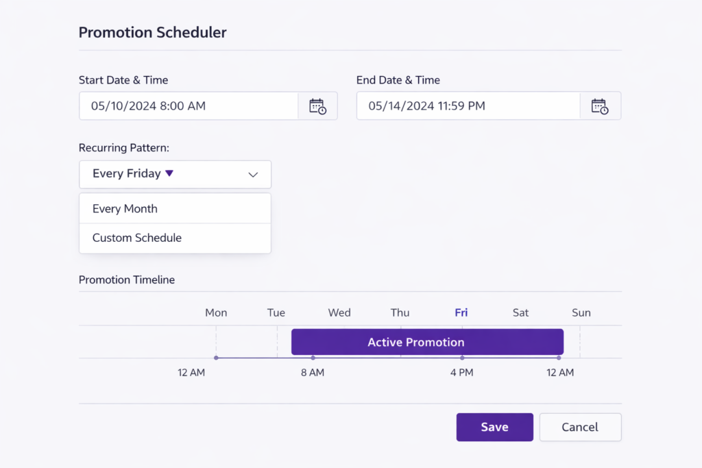 Adsgun Shopify promotion scheduler interface showing start date, recurring pattern dropdown set to Every Friday, and promotion timeline
