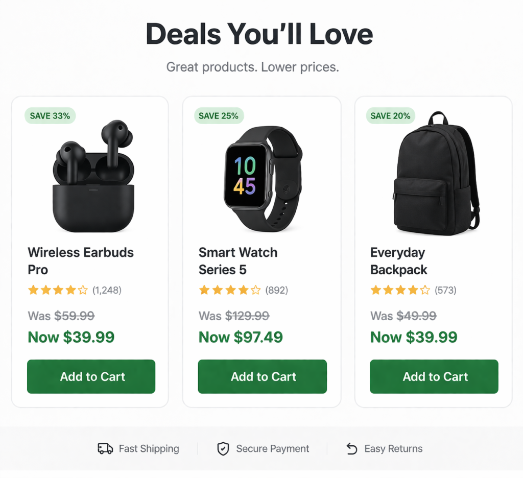 Shopify collection page showing Was/Now strike-through pricing on product cards with percentage savings badges
