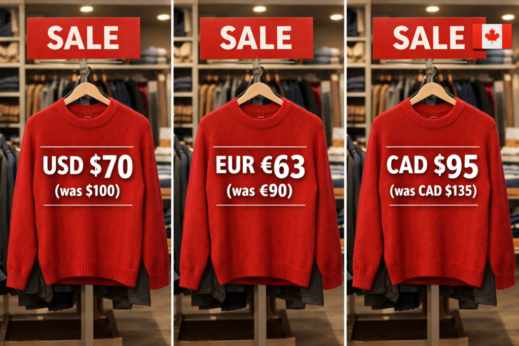multi-currency regional pricing on Shopify showing USD EUR and CAD sale prices per market