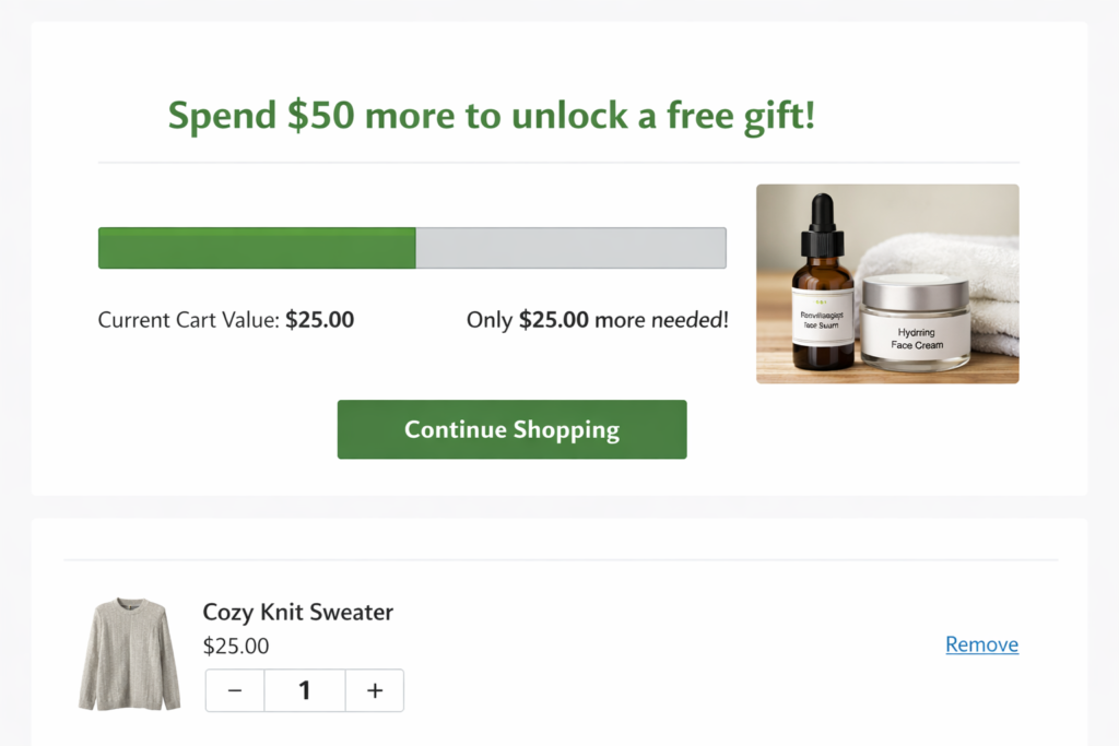 shopify free gift with purchase progress bar showing spend threshold and unlocked reward