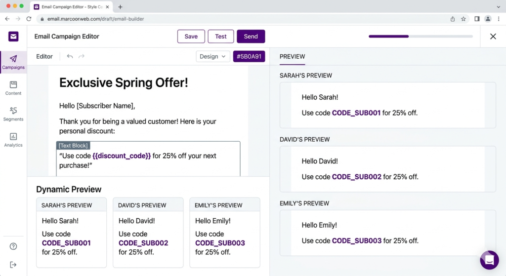 Email campaign editor preview showing the discount_code merge tag inserting unique Shopify discount codes like CODE_SUB001, CODE_SUB002, and CODE_SUB003 for subscribers Sarah, David, and Emily