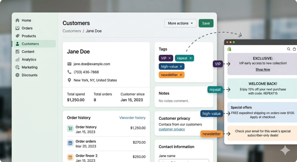Shopify customer profile with VIP, repeat, and newsletter tags triggering personalized discount banners - used to set up Shopify customer tag discounts