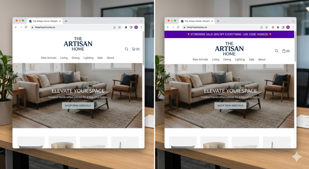 Shopify store before and after adding a discount announcement bar showing a 30% off storewide promotion