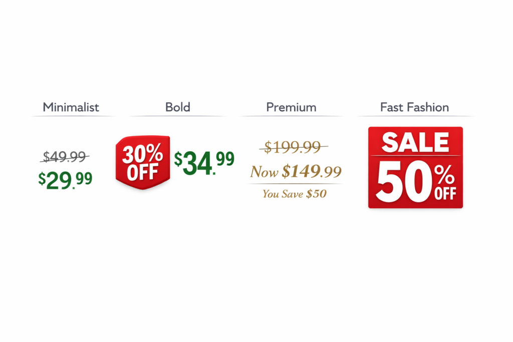four shopify discount badge styles compared side by side: minimalist strikethrough, bold percentage badge, premium savings message, and fast fashion sale banner