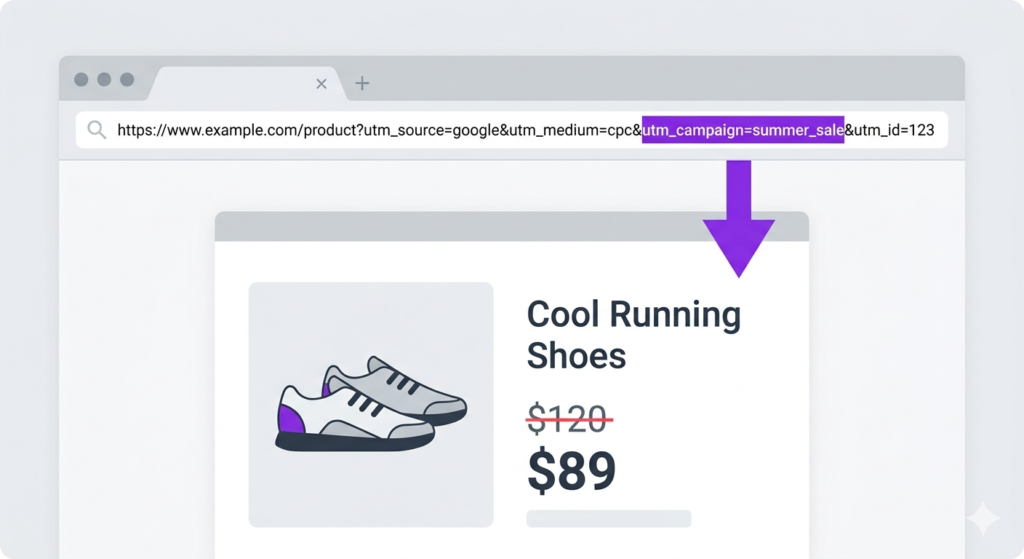 Browser address bar showing a Shopify URL with UTM parameters including utm_campaign=summer_sale highlighted, with an arrow pointing to a product page displaying a discounted price of $89
