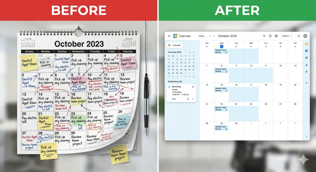Before and after comparison of managing a Shopify recurring sale manually versus using an automated scheduler