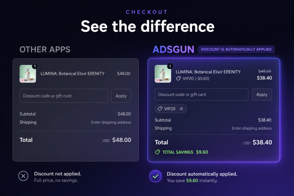 AdsGun checkout with automatic discount visibility compared to other checkout apps.