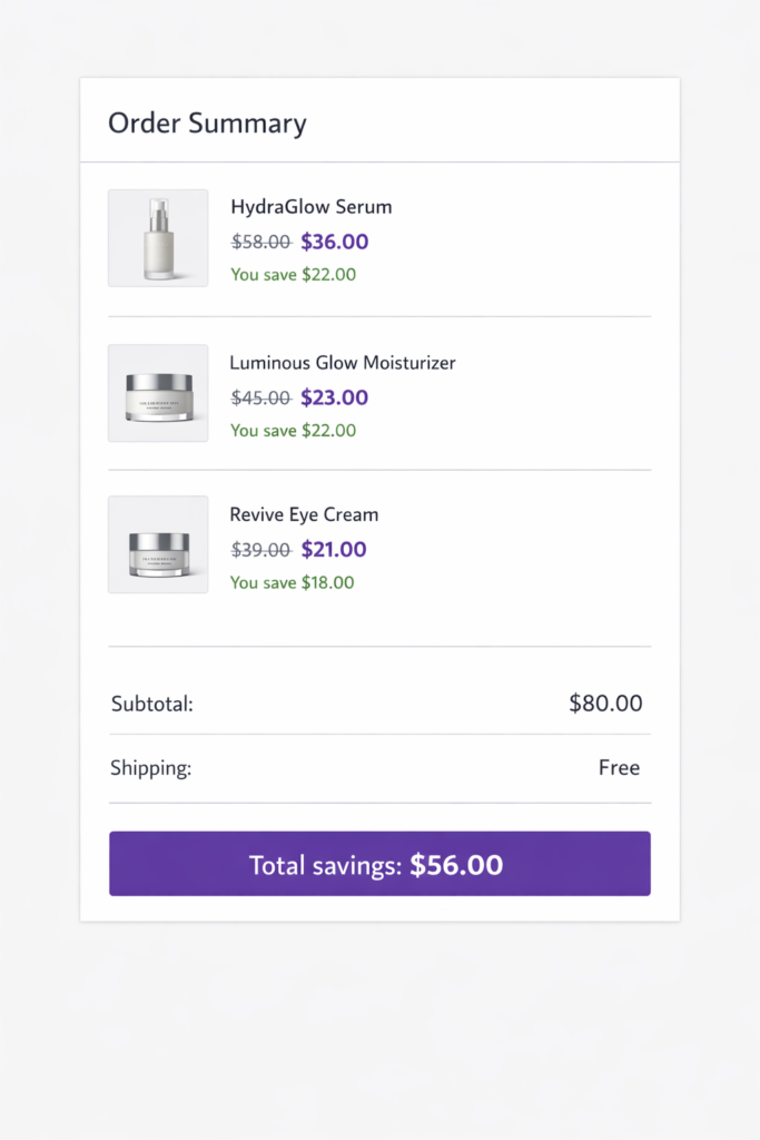 Mockup of Shopify checkout discount display showing original prices, discounted prices, savings badges, and total order savings