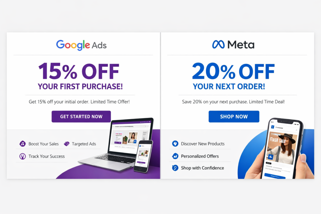 Google Ads banner showing 15% off first purchase and Meta ad showing 20% off next order as examples of channel-specific Shopify promotions
