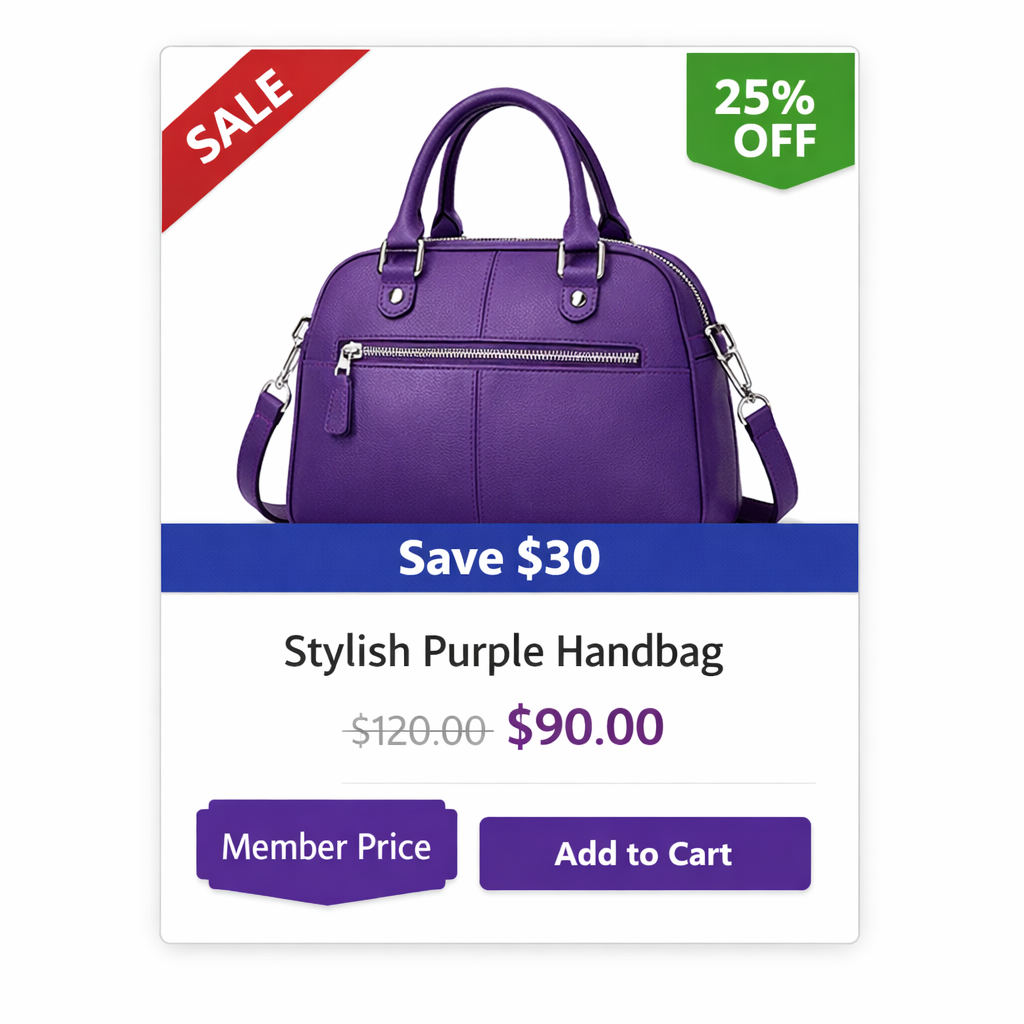 Shopify sale badge on product page showing 25% OFF and Save $30 with Add to Cart button
Pozicija: Odmah posle ovog naslova