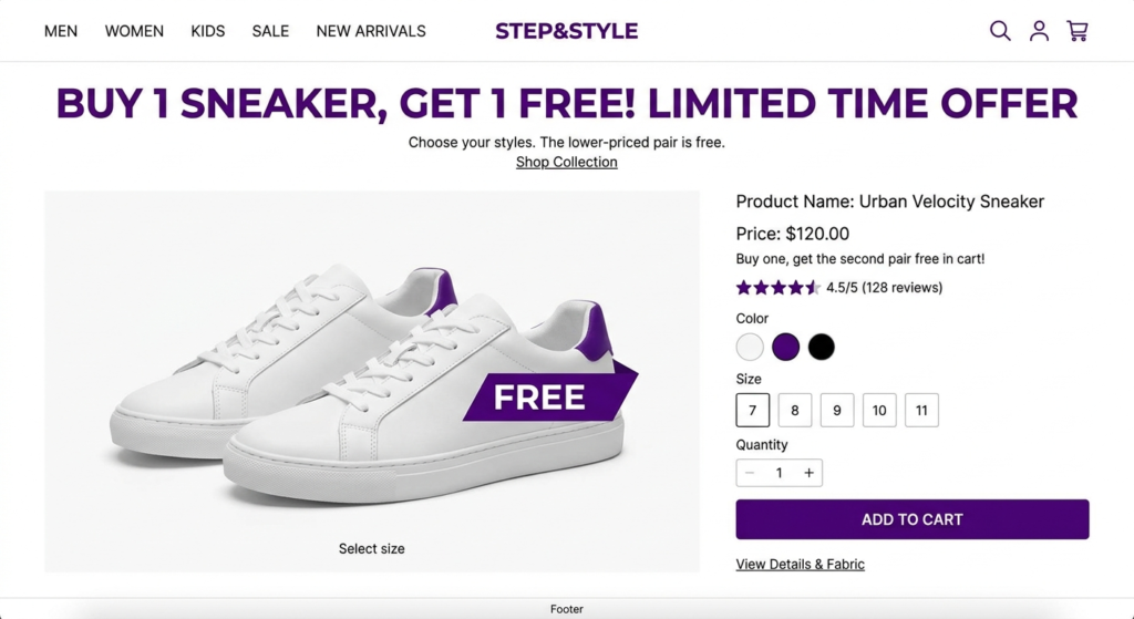 shopify buy one get one product page example showing bogo banner and free sneaker offer