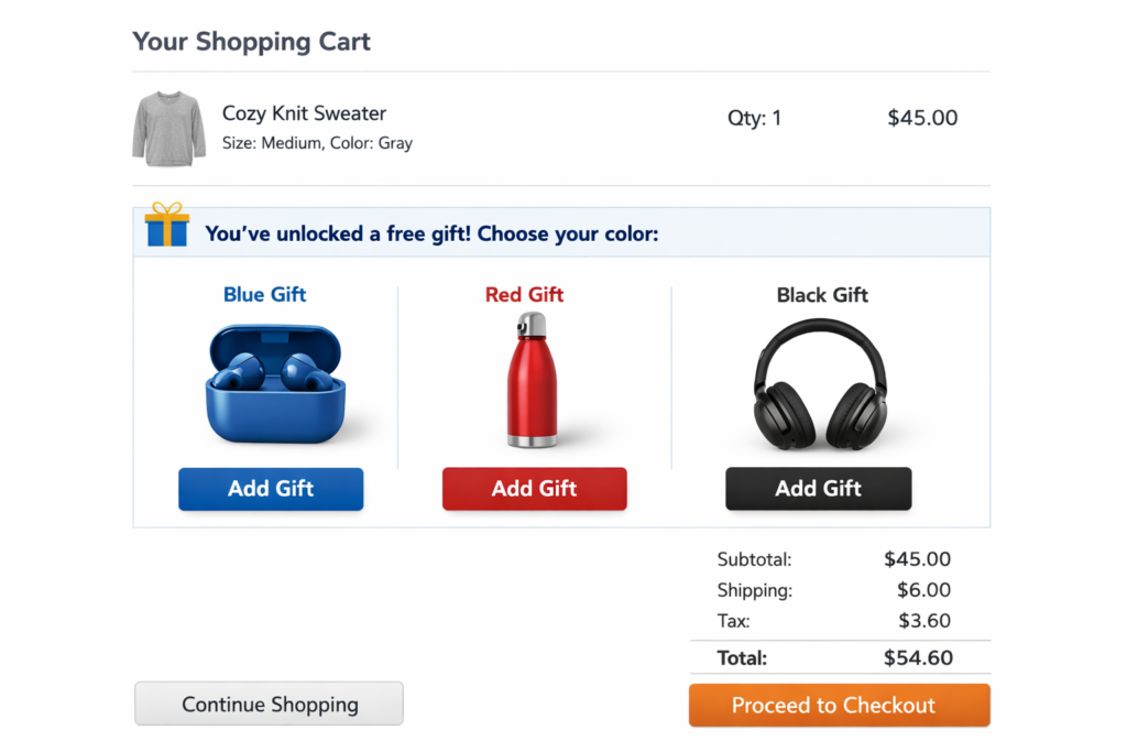 shopify free gift with purchase cart showing selectable free gift options after reaching threshold