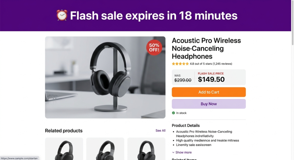 Shopify product page with session-based flash sale banner showing 18-minute countdown timer and 50% off price
