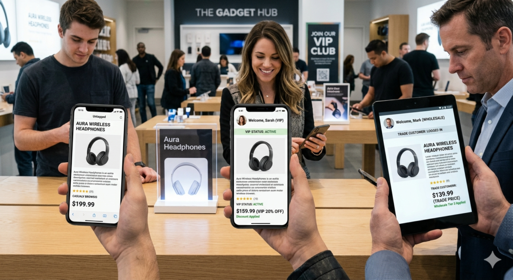 Three shoppers seeing different prices on the same Shopify product — untagged customer sees $199.99, VIP sees $159.99, wholesale sees $139.99 — example of Shopify customer tag discounts in action