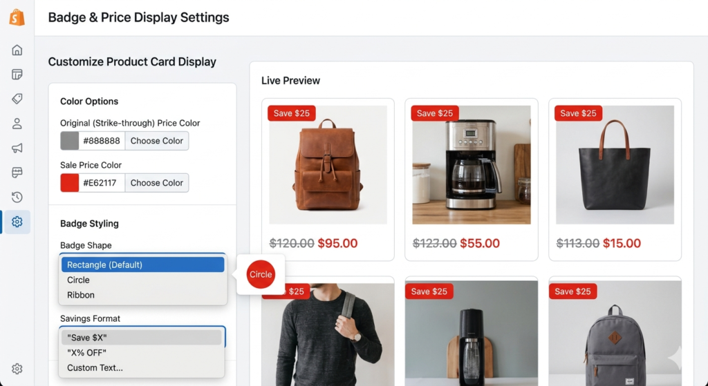 adsgun shopify discount badge customization settings panel showing badge shape options rectangle circle ribbon and savings format dropdown
