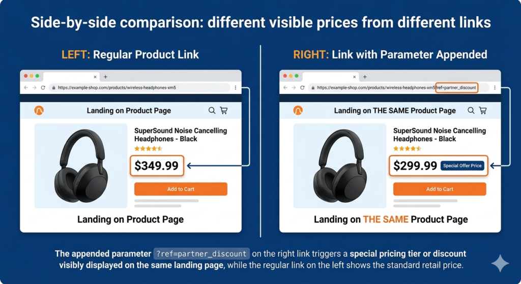 Side-by-side comparison showing a Shopify product page with a standard price of $349.99 on the left and a discounted price of $299.99 triggered by the URL parameter ref=partner_discount on the right