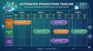 Automated promotions timeline showing Shopify recurring sale campaigns scheduled across four weeks with ON and OFF times