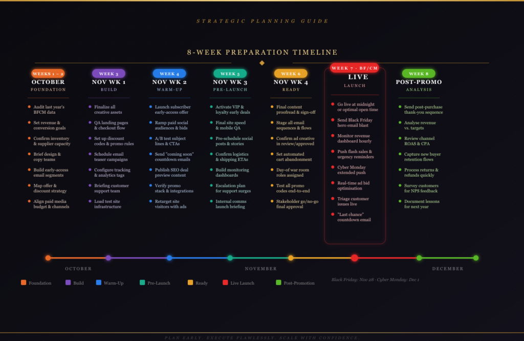 Shopify Black Friday discount strategy 8-week BFCM preparation timeline from October foundation phase to December post-promotion analysis