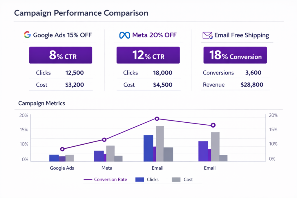 Campaign performance comparison dashboard showing Google Ads 8% CTR, Meta 12% CTR, and Email 18% conversion rate across three Shopify ad campaigns