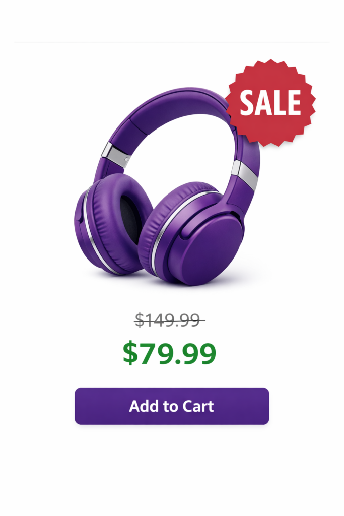 Shopify sale badge with strike-through pricing on purple headphones product page