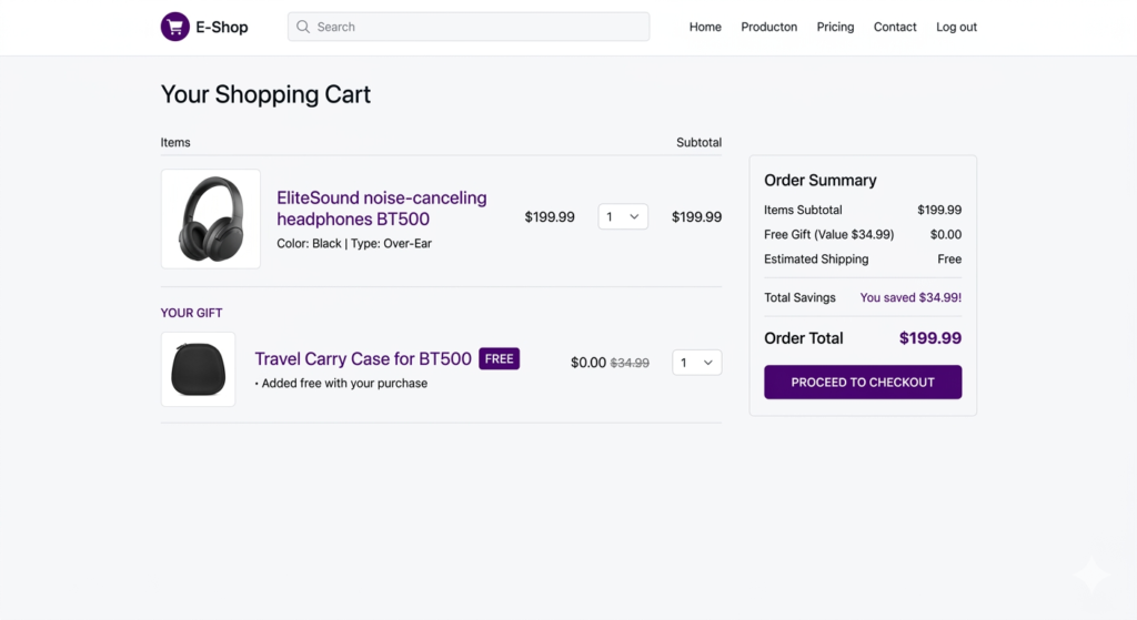 shopify cart showing free gift automatically added with buy one get one bogo promotion