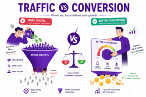 Traffic acquisition versus conversion rate optimization comparison illustrating the strategic choice to increase shopify conversion rate - more traffic strategy shows higher bounce rates, less efficient spend, and ongoing acquisition costs versus better conversion strategy showing improvement of what matters most, visible costs, behavior-focused optimization, and long-term wins from same traffic with different outcome
