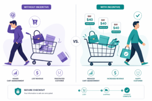 Split comparison showing how visible discount pricing helps reduce Shopify cart abandonment - frustrated customer and higher cart abandonment without incentive versus happy customer with strike-through pricing and completed purchase with incentive