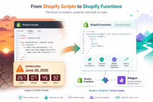 Shopify Scripts deprecation hero showing legacy Scripts Ruby code on left with countdown timer to June 30 2026 deprecation deadline versus modern Shopify Functions GraphQL code on right with high performance and scalability indicators, paired with Adsgun integration for greater discount display potential