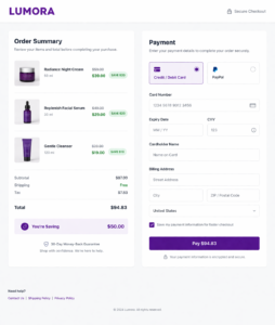 Shopify checkout discount display with strike-through pricing, visible line-item savings, and total savings before payment