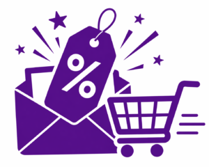 Shopify email marketing discount strategy illustrated with envelope, percent tag and shopping cart