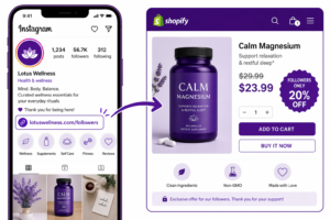 Shopify Instagram exclusive discount example - follower taps link in Lotus Wellness bio and lands on CALM Magnesium product page with 20% off private offer auto-applied