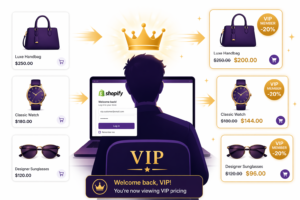 Shopify loyalty program discount experience showing VIP customer seeing automatic 20 percent off pricing on luxury handbag watch and sunglasses with strike-through original prices immediately on login with welcome VIP banner confirming member pricing is active
