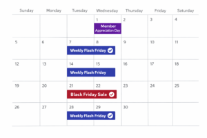 Shopify promotion scheduler calendar showing Member Appreciation Day and Weekly Flash Friday recurring promotions
