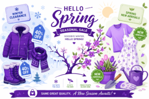 Shopify spring promotion strategy hero showing purple winter clearance items at 40 percent off transitioning into spring new arrivals with floral elements and seasonal color palette
