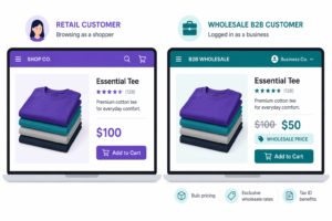 Shopify wholesale pricing comparison showing same essential tee product at 100 dollar retail price for anonymous shopper versus 100 dollar crossed out to 50 dollar wholesale price for logged-in B2B business customer