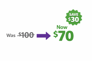 Was/Now pricing on Shopify showing Was $100 Now $70 with Save $30 badge
