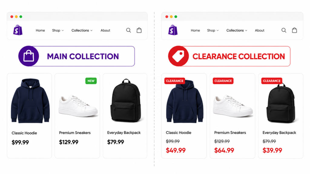 Visual comparison of full-price main collection versus clearance collection with strike-through pricing on a Shopify store