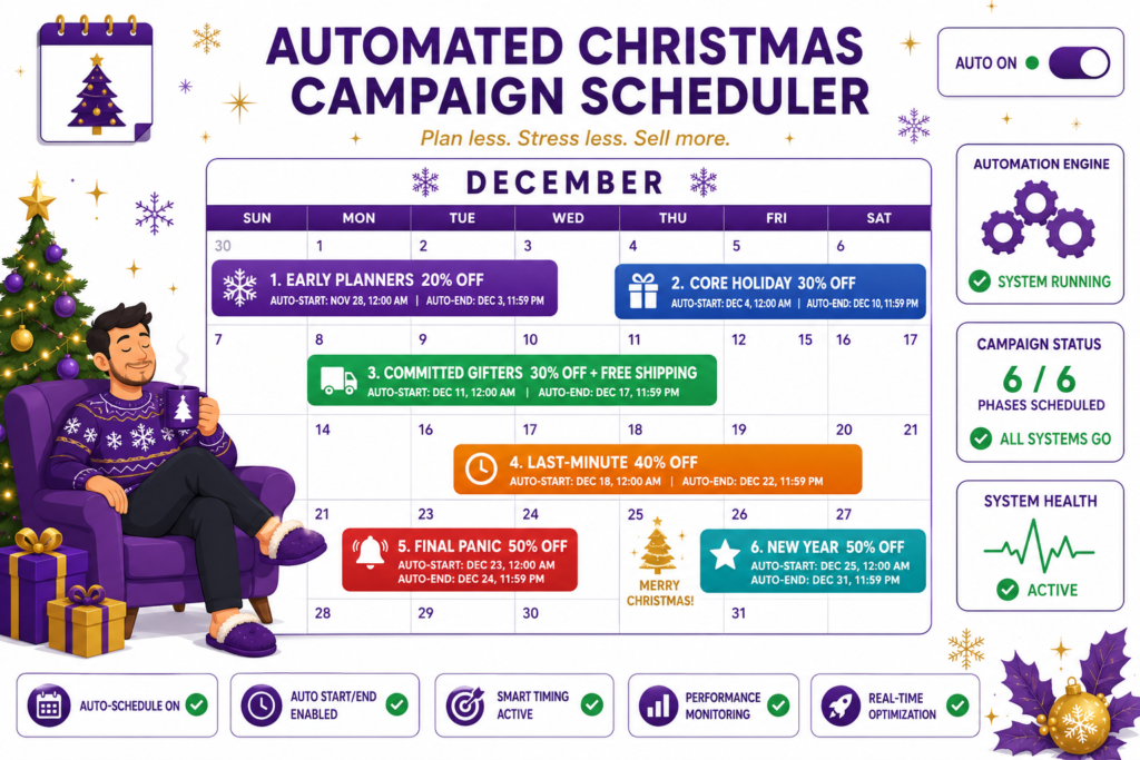 Automated Christmas campaign scheduler dashboard showing six December promotion phases auto-scheduled on the calendar with discount values matching the playbook, automation engine running indicator, and a relaxed merchant in a Christmas sweater representing hands-off holiday selling