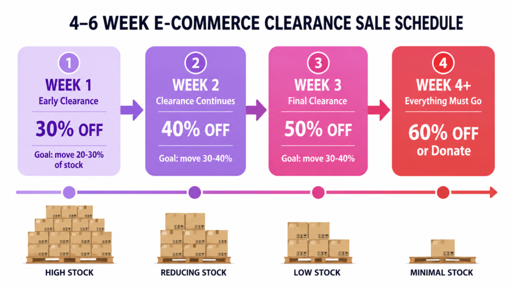 Four-week tiered discount schedule for a Shopify clearance sale with 30%, 40%, 50%, and 60% off progression