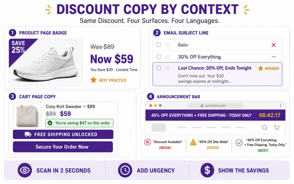 Shopify discount copy that converts by context showcase showing four surfaces in 2x2 mockup grid, product page badge with SAVE 25 percent badge strike-through Was 89 dollars Now 59 dollars and You Save 30 dollars Limited Time, email subject line comparison Sale losing 30 percent Off Everything tying and Last Chance 30 percent Off Ends Tonight winning, cart page copy with line item discount You're saving 47 dollars on this order and FREE SHIPPING UNLOCKED Secure Your Order Now CTA, and announcement bar showing 40 percent OFF EVERYTHING plus FREE SHIPPING TODAY ONLY with countdown timer, plus three takeaways scan in 2 seconds add urgency show the savings