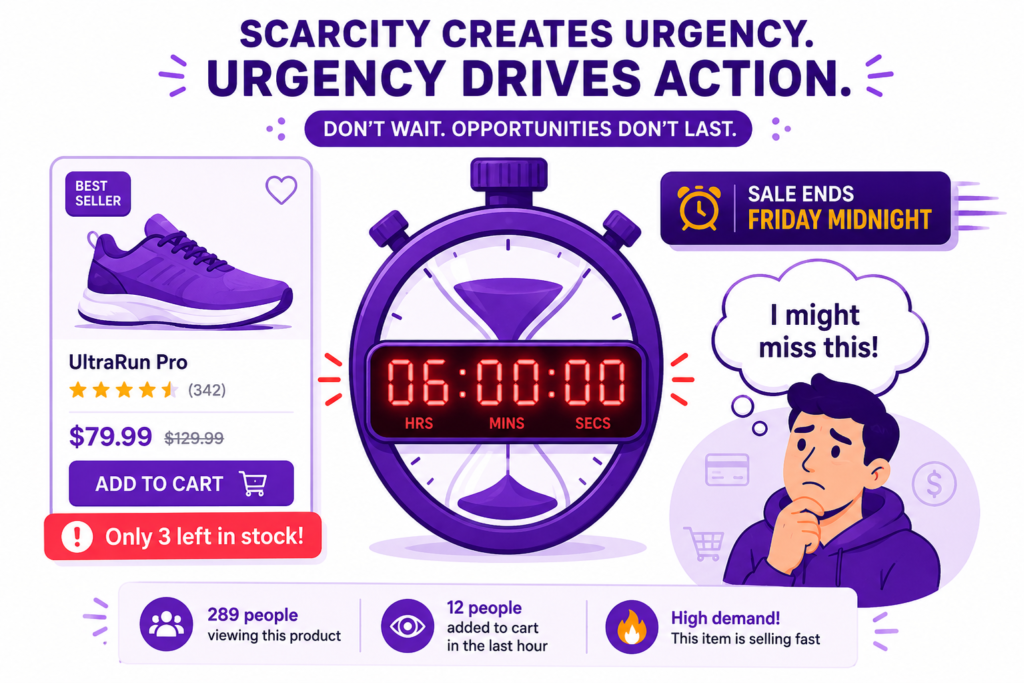 Scarcity and FOMO infographic showing a red countdown timer at 06:00:00, a "Only 3 left in stock" badge, and a worried shopper thinking "I might miss this!" - illustrating how time pressure and limited inventory drive urgency in ecommerce