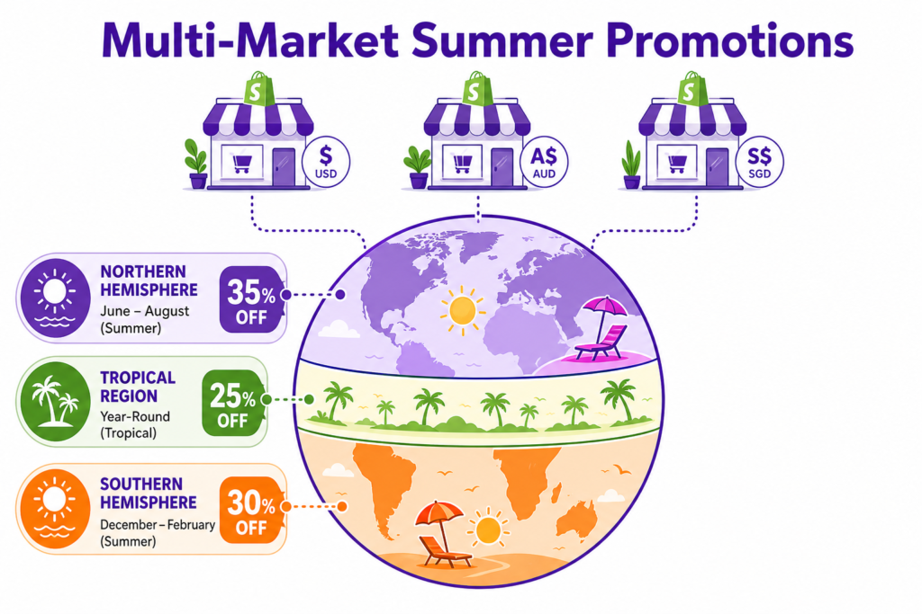 Multi-market Shopify summer sale strategy globe illustration showing Northern Hemisphere summer at 35 percent off from June to August, Southern Hemisphere summer at 30 percent off from December to February, and tropical year-round discounts at 25 percent off, with localized Shopify storefront icons connected to each region