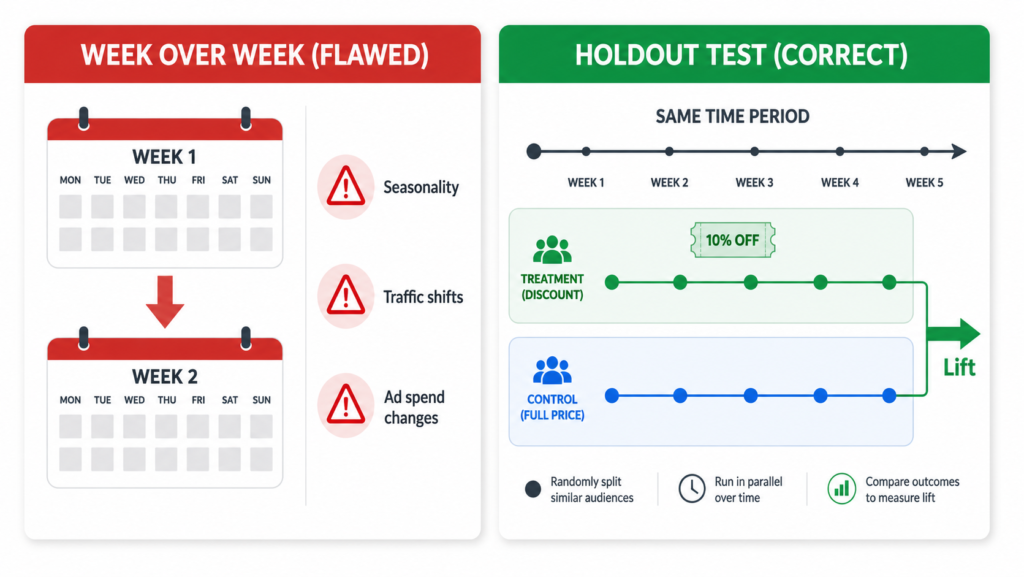 Side-by-side comparison of the flawed week-over-week method versus a proper holdout test for measuring Shopify promotion lift
